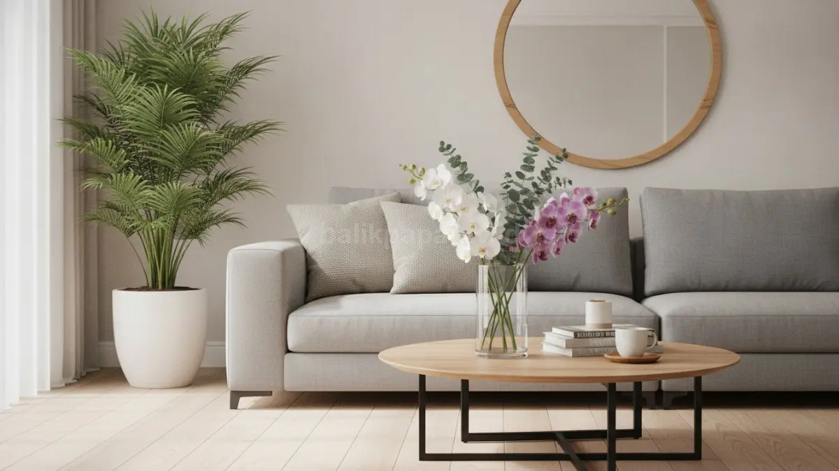 Rangkaian bunga hias elegan dalam vas keramik mempercantik ruang tamu bergaya modern minimalis. (BTV/Ai)