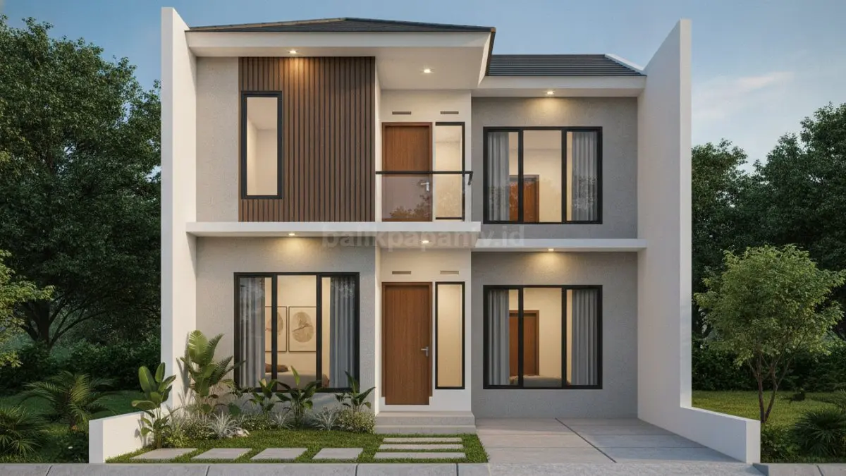 Rumah 2 lantai type 36 bergaya minimalis modern dengan fasad sederhana, pencahayaan alami, dan tata ruang yang efisien. (BTV/Ai)