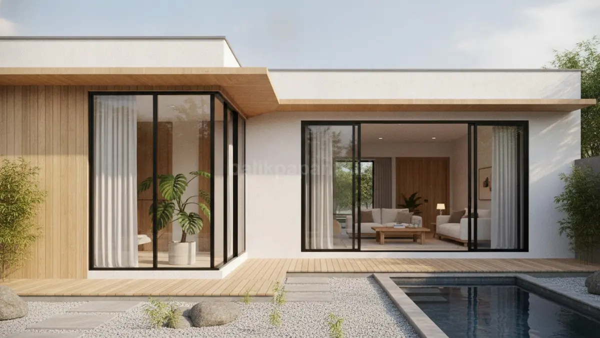 Rumah bernuansa estetika Japandi dengan dominasi kayu alami, warna netral, dan pencahayaan alami yang menciptakan suasana hangat. (BTV/Ai)