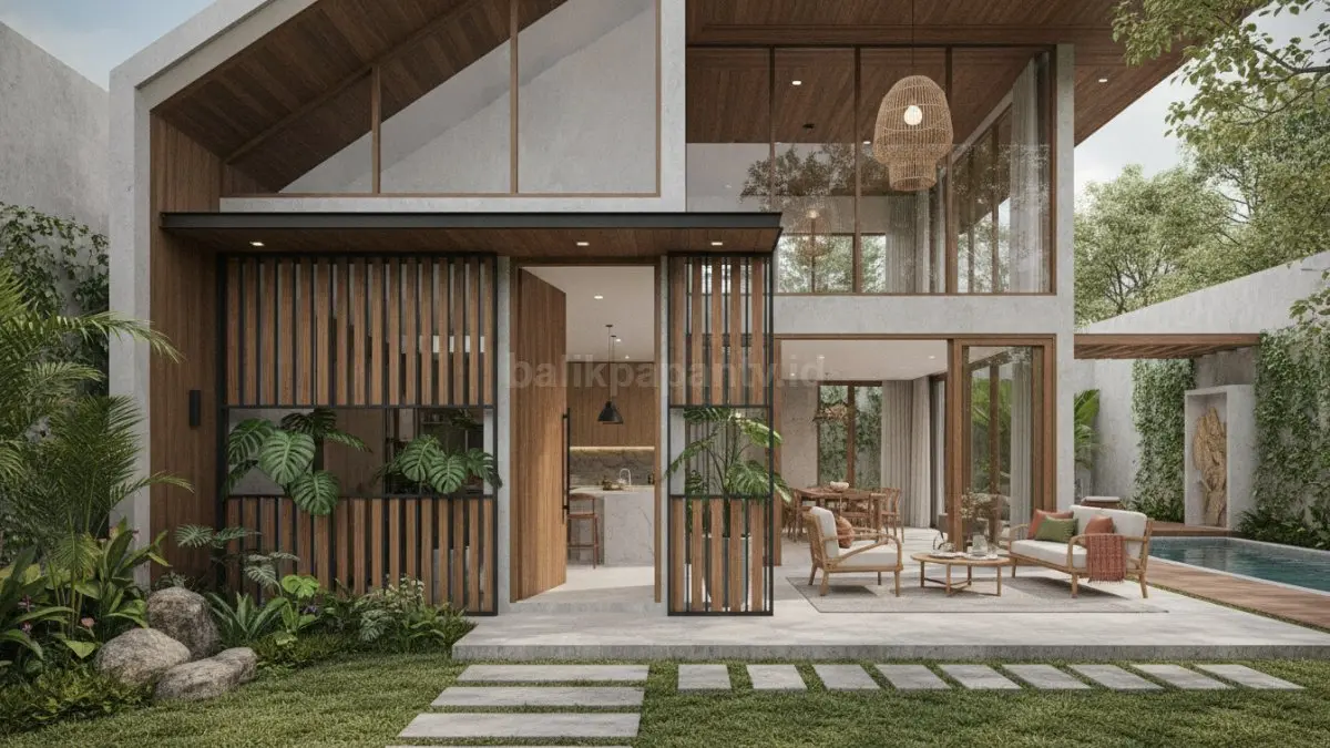 Rumah semi open space modern dengan pembatas dekoratif yang menjaga privasi tanpa mengurangi kesan luas (BTV/Ai)