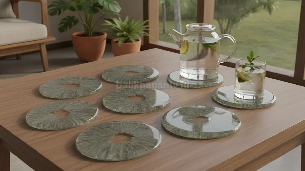 Tatakan gelas batu alam berlapis resin bening menghadirkan tampilan elegan sekaligus fungsional modern.  (BTV/AI)