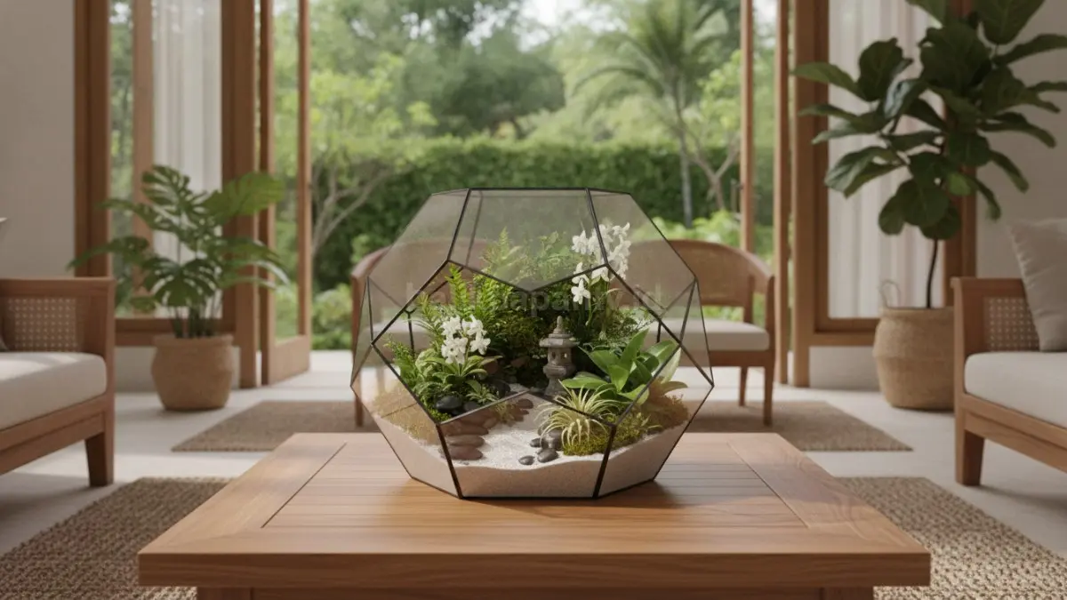 Terrarium kaca modern menghadirkan dekorasi tanaman praktis, estetik, ringkas, dan mudah dirawat.  (BTV/AI)