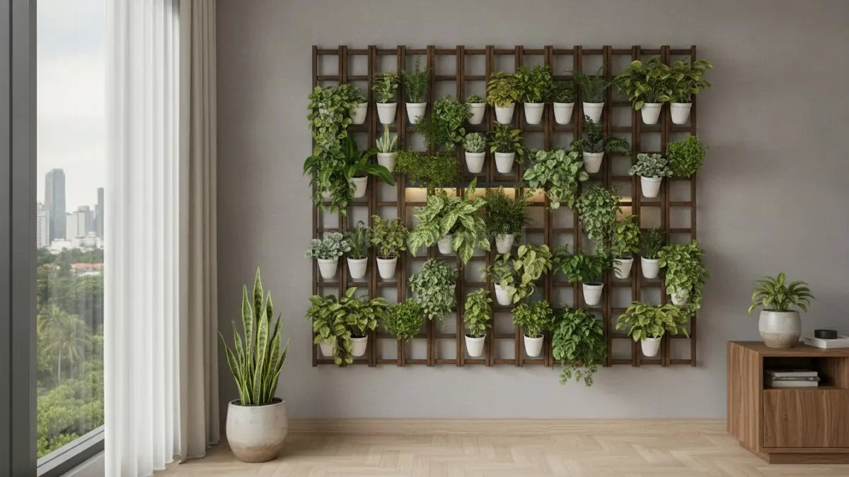 Vertical mini garden pada dinding menghadirkan dekorasi hijau hemat ruang dengan tampilan modern menarik.  (BTV/AI)