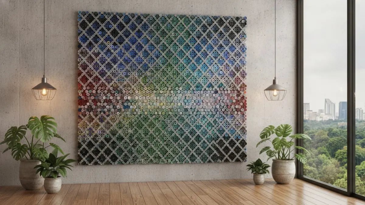 Wall art geometris dari tutup botol bekas menghadirkan dekorasi minimalis modern dengan pola unik dan estetik.  (BTV/AI)