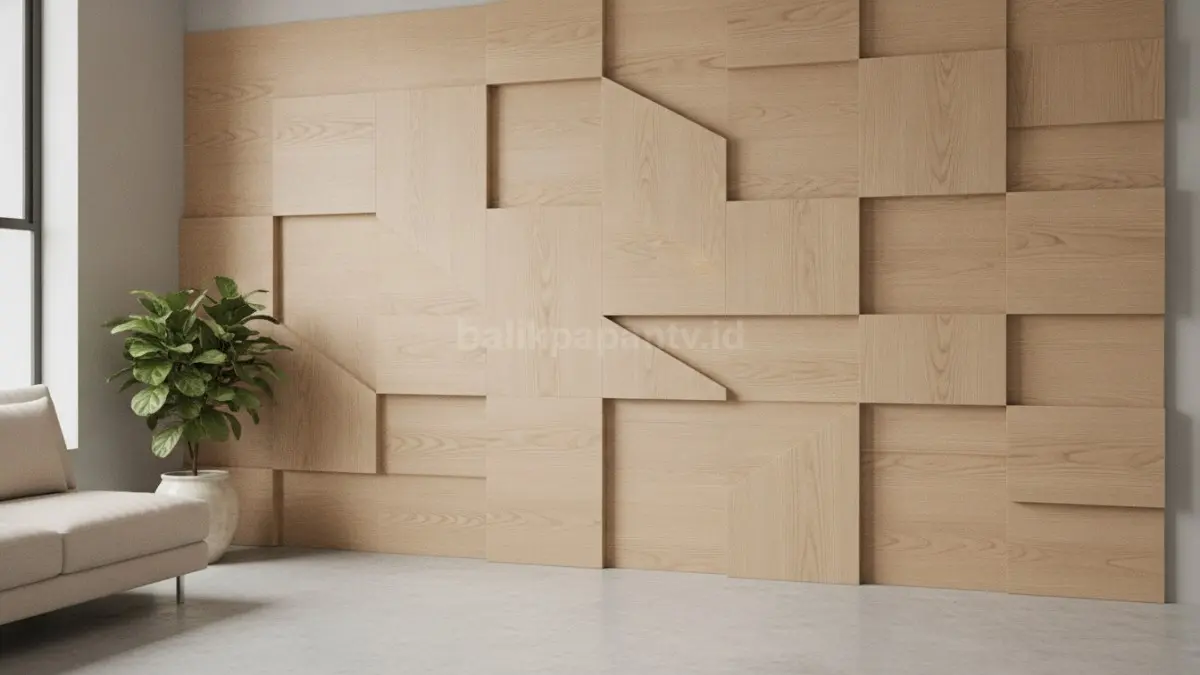 Wall panel geometris modern dengan pola tegas menciptakan focal point elegan dan tampilan rapi menarik. (BTV/Ai)
