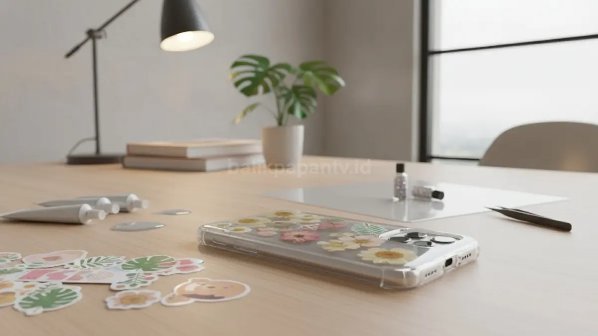 DIY case HP bening dengan dekorasi bunga kering, stiker, dan resin yang rapi di atas meja kerja.
