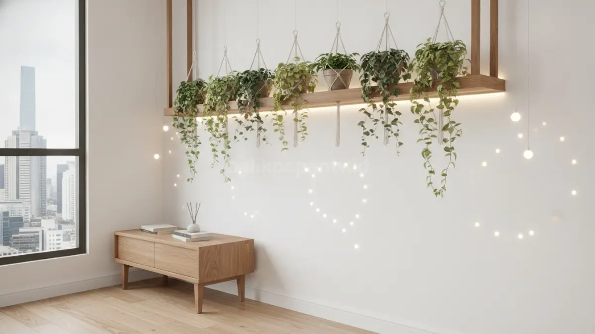 DIY hiasan kamar dengan rak kayu, tanaman gantung, dan lampu LED dekoratif bergaya minimalis.
