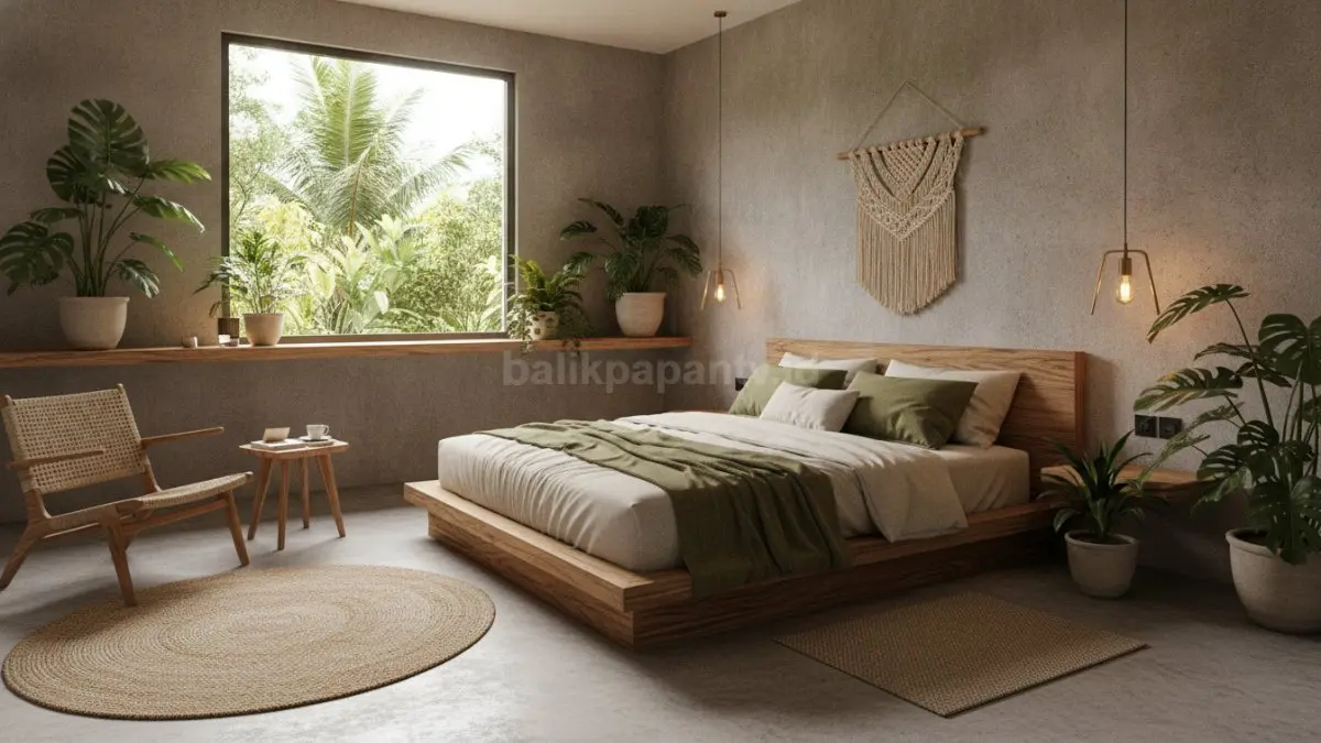 Kamar tidur bernuansa alam dengan furnitur kayu, tanaman hijau, dan pencahayaan alami.
