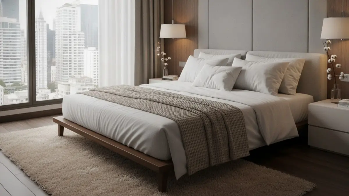Kamar tidur modern dengan dekorasi bantal bulu putih dan karpet bulu lembut bernuansa hangat serta nyaman untuk beristirahat.
