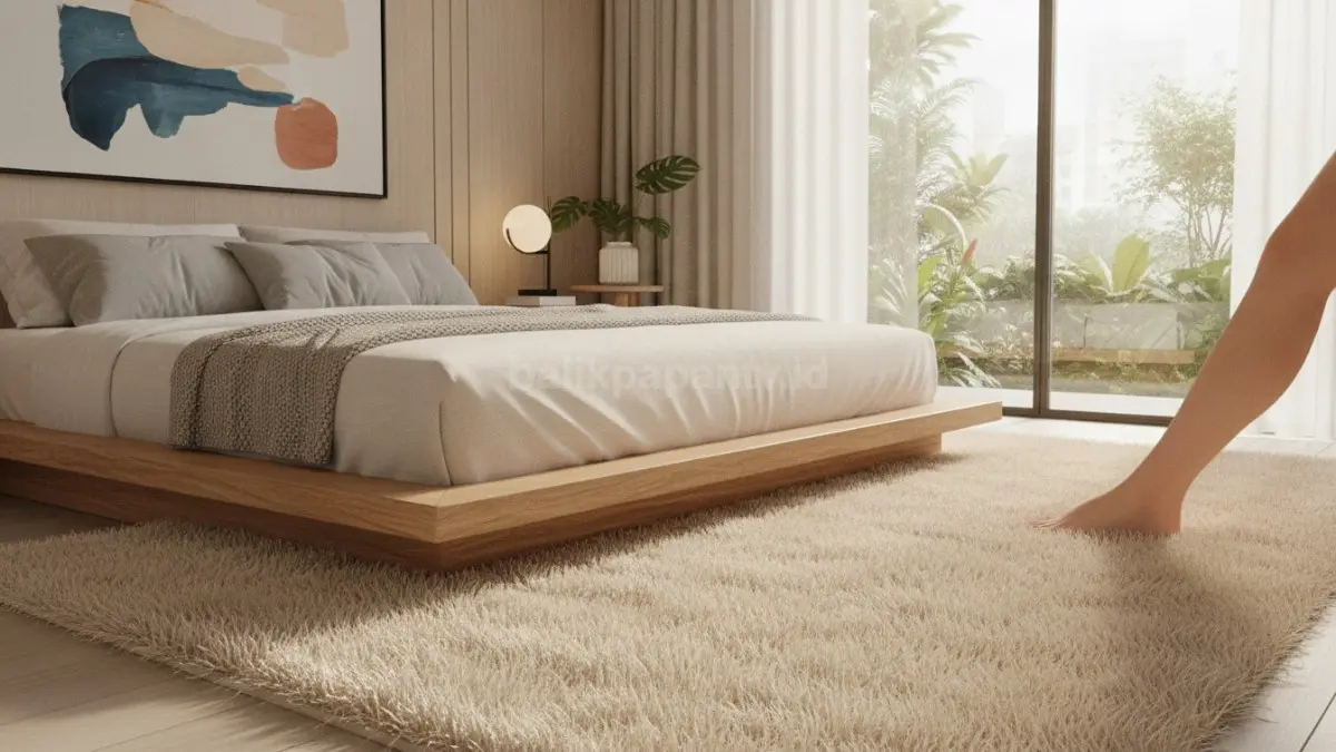 Karpet bulu bertekstur lembut ditempatkan di sisi tempat tidur untuk menambah kenyamanan dan kesan hangat.
