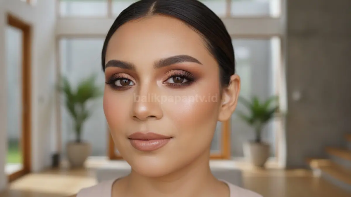 Palet eyeshadow bernuansa cokelat dipadukan dengan blush peach dan lipstik nude.