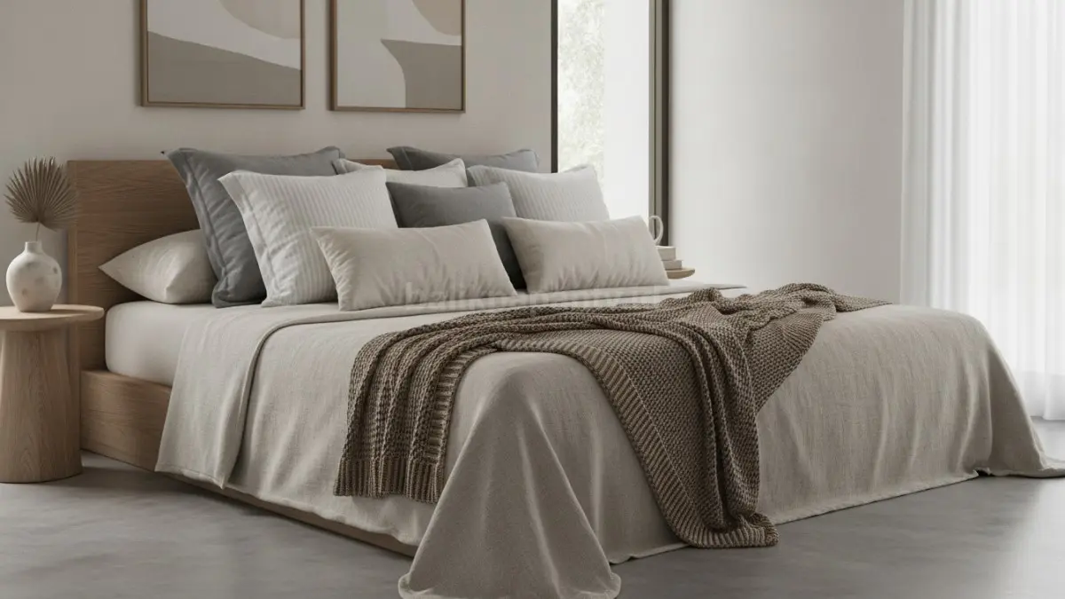 Penataan bantal bulu berlapis di atas tempat tidur dengan kombinasi warna netral yang elegan.
