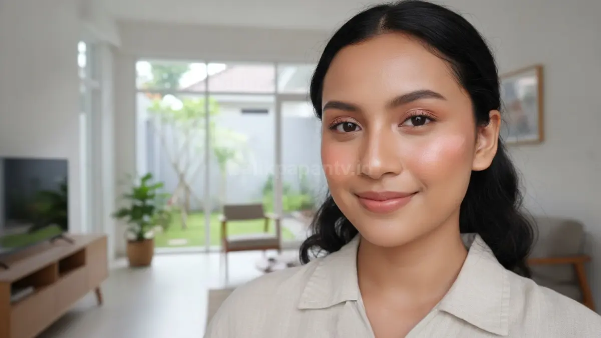 Penggunaan makeup blush cream pada pipi untuk menciptakan tampilan wajah segar dan alami sepanjang hari.
