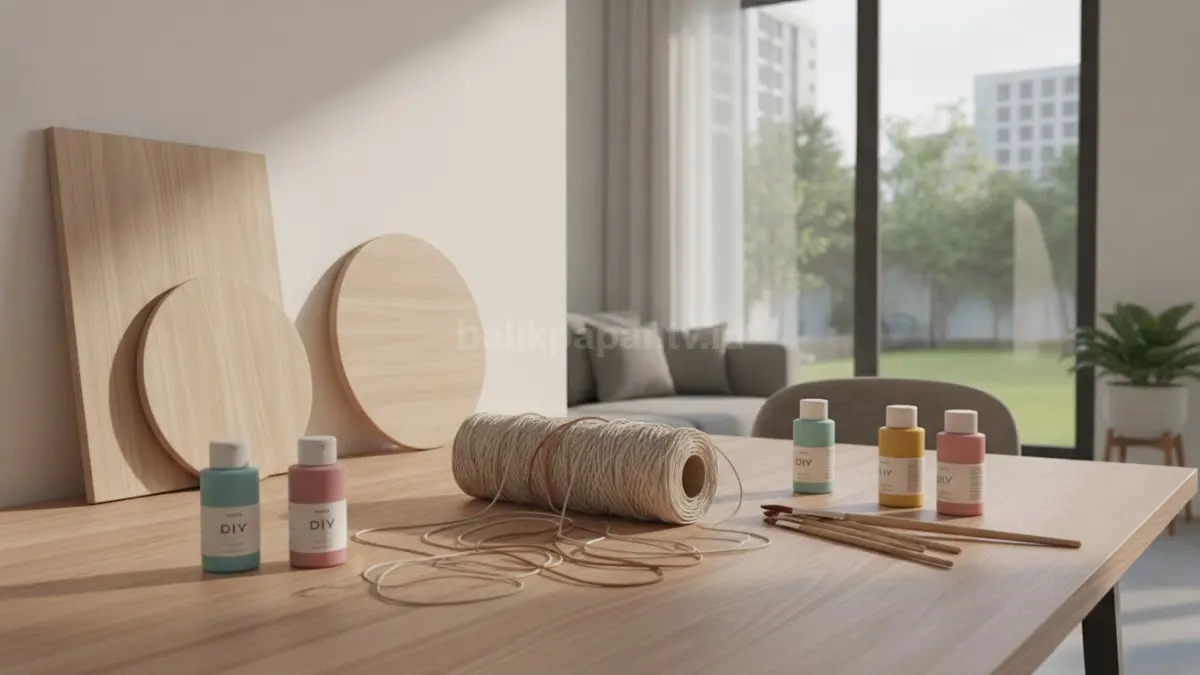 Peralatan membuat DIY hiasan kamar seperti cat akrilik, kuas, tali makrame, dan papan kayu.