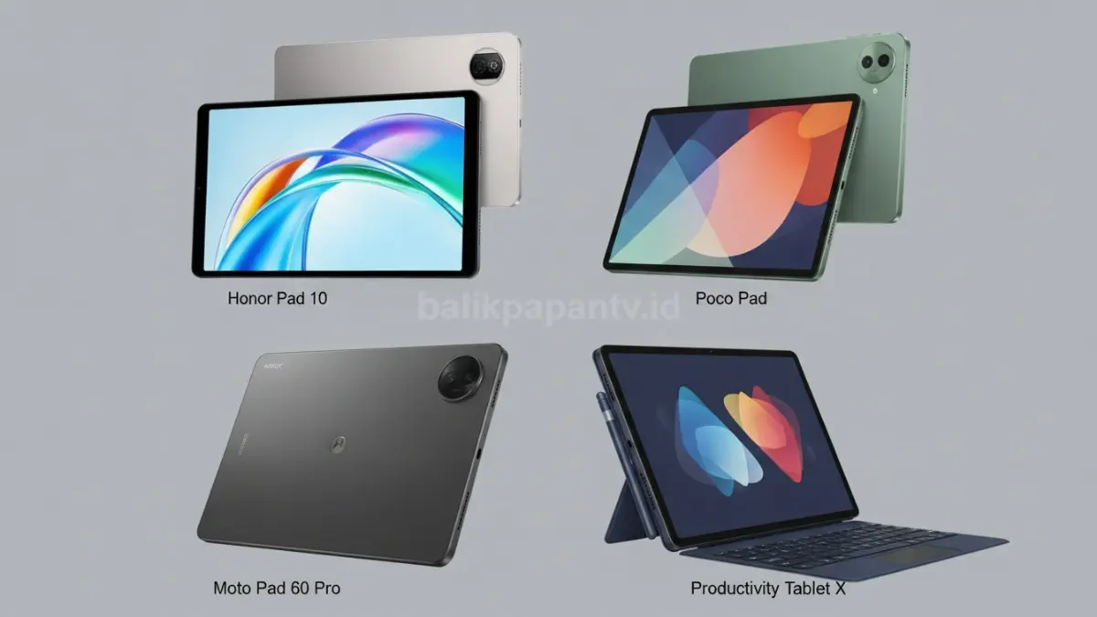 Perbandingan spesifikasi Honor Pad 10, Poco Pad, Moto Pad 60 Pro, dan tablet produktivitas lainnya di kelas harga menengah. (BTV/Ai)