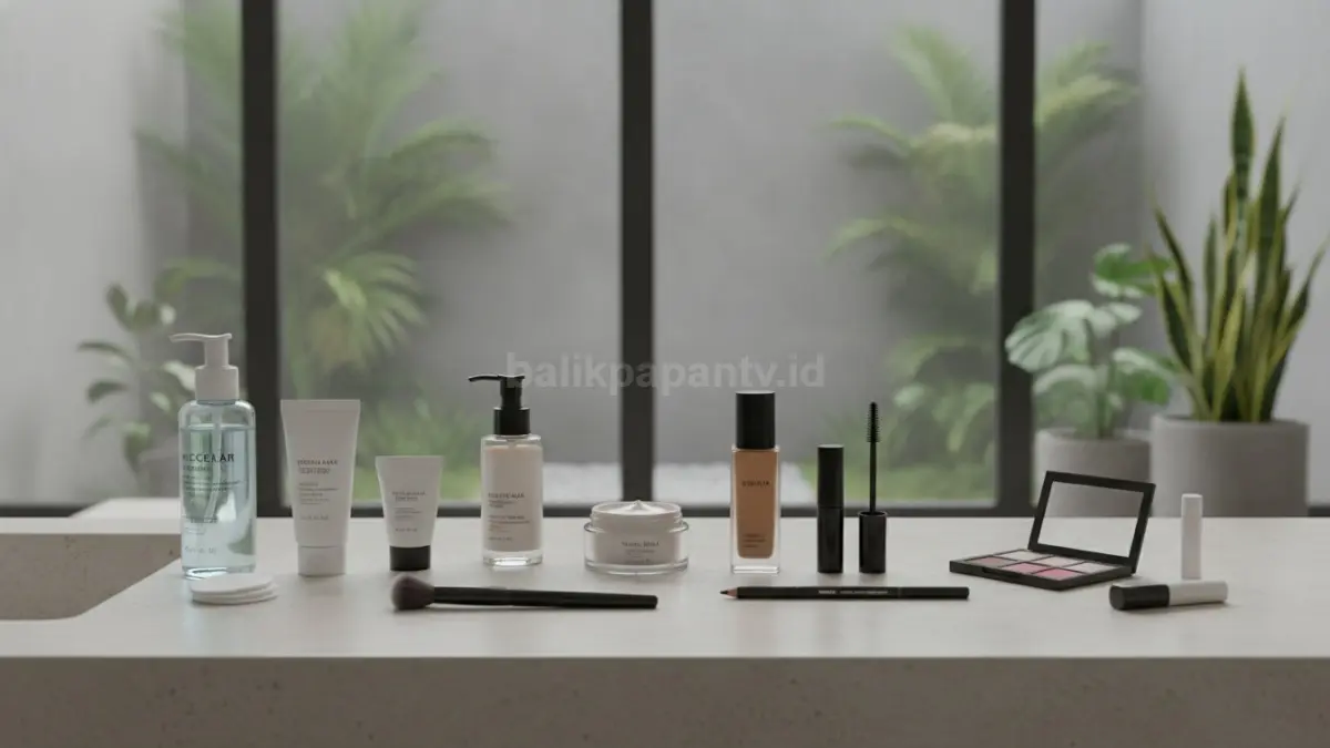 Perlengkapan makeup dasar tersusun sesuai urutan penggunaan sehari-hari.
