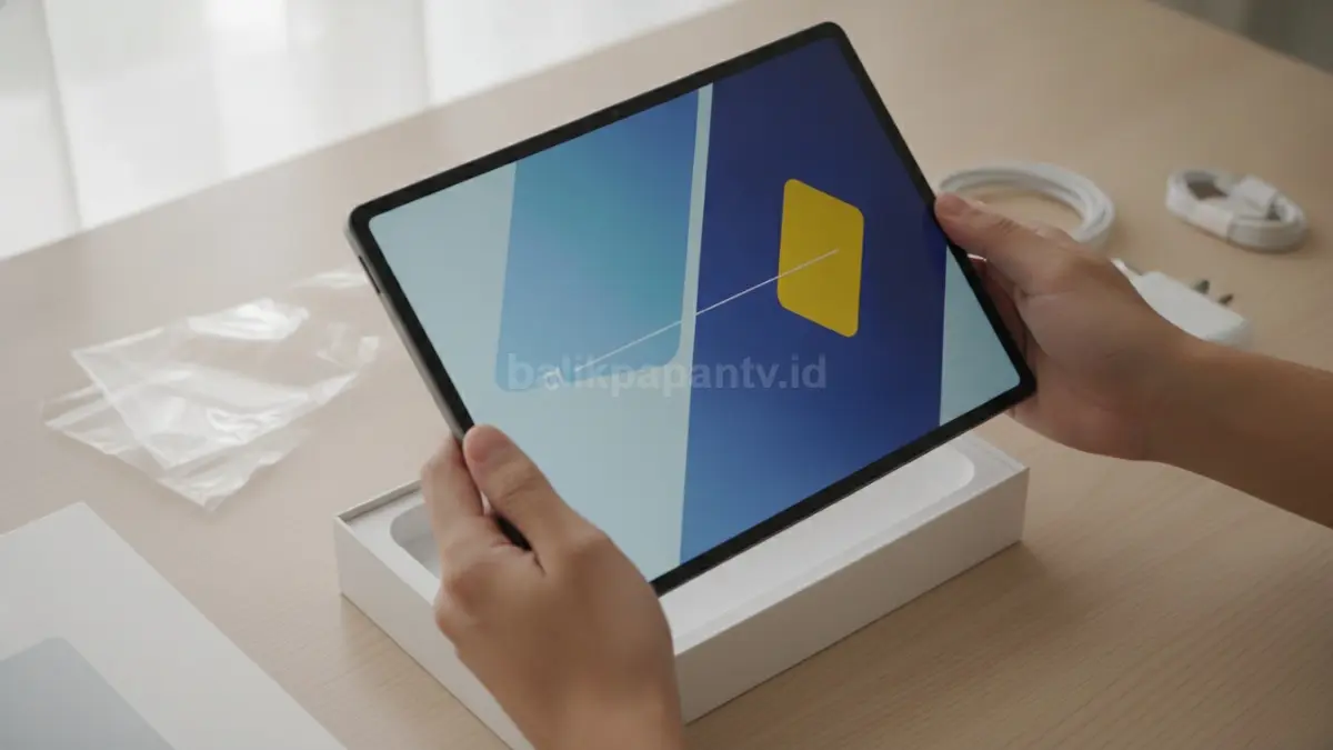 Poco Pad C1 warna Grey saat proses unboxing menampilkan desain ringkas dengan layar 2K 120Hz. (BTV/Ai)