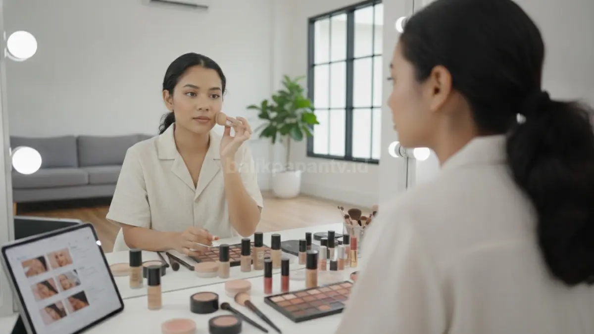 Seorang perempuan mengaplikasikan makeup sesuai urutan yang benar untuk hasil riasan natural dan rapi.
