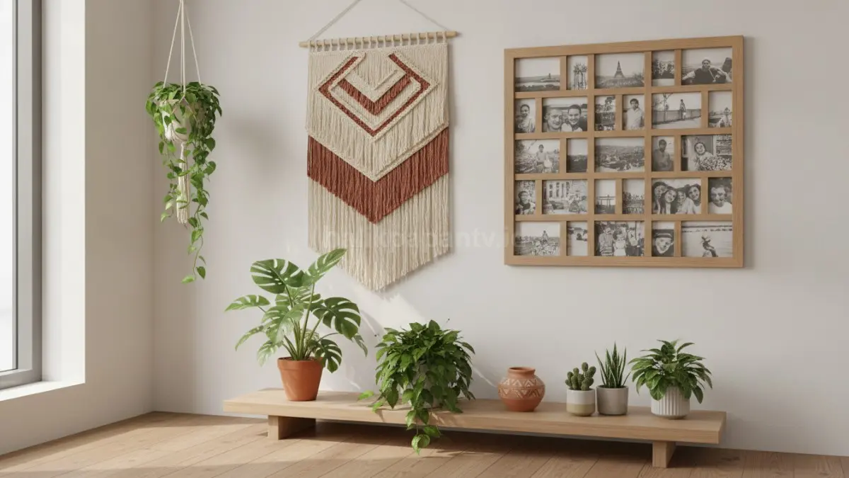 Sudut kamar dengan dekorasi handmade berupa wall hanging, bingkai foto kolase, dan tanaman hias.
