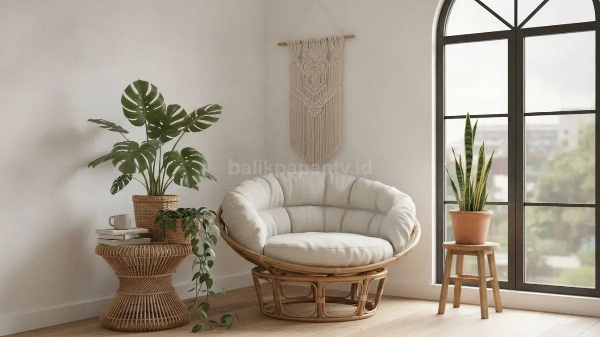Sudut kamar minimalis menggunakan dekorasi rotan dan tanaman hias.
