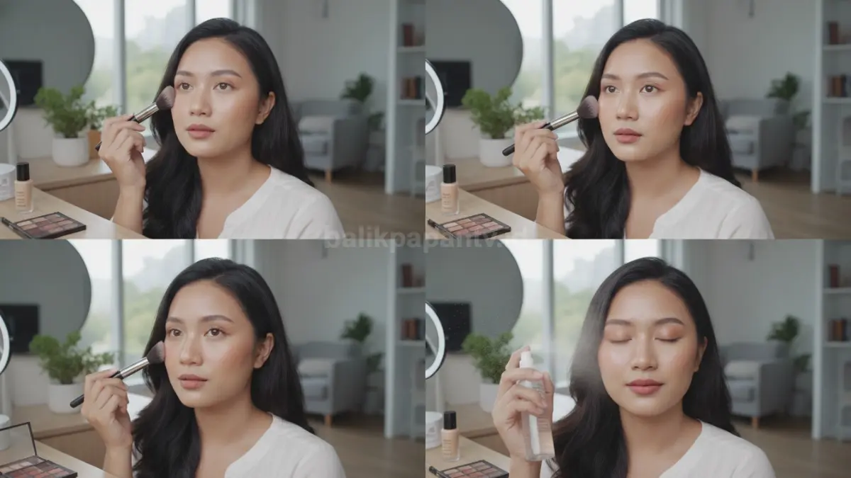 Tahapan makeup mulai dari foundation hingga setting spray dengan hasil akhir natural.
