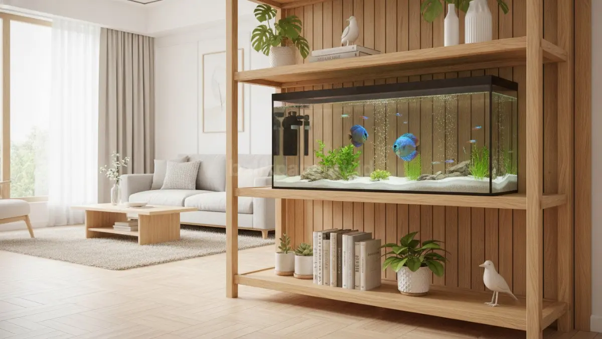 Aquarium berpadu rak kayu menciptakan tampilan hangat, estetik, dan fungsional. (BTV/Ai)