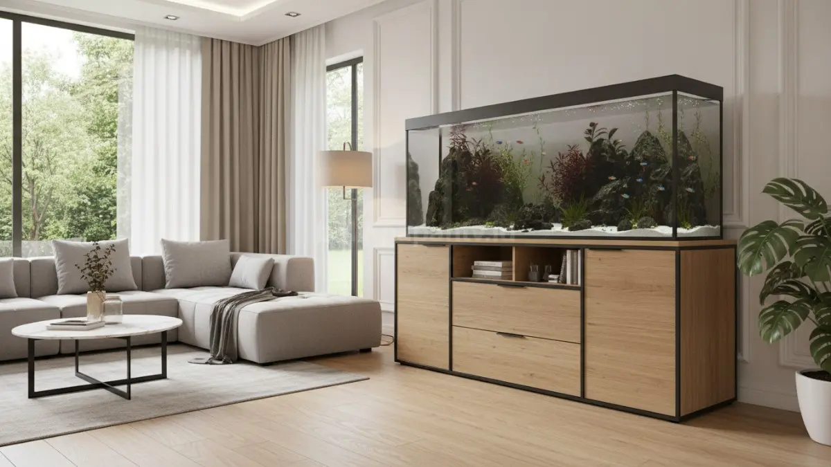 Aquarium di atas kabinet menghadirkan tampilan praktis, rapi, dan hemat ruang. (BTV/Ai)