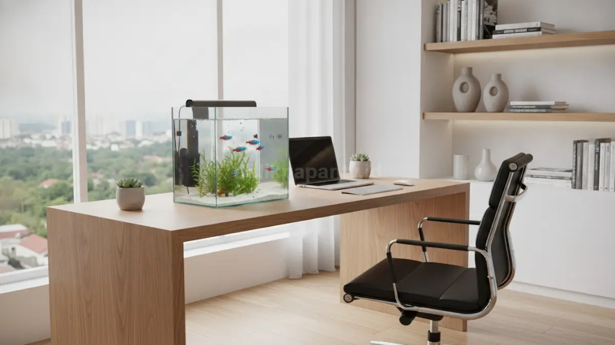 Aquarium mini memberi sentuhan segar pada area kerja tanpa memakan banyak ruang. (BTV/Ai)