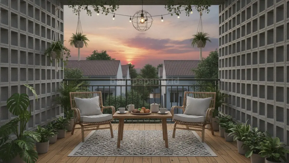 Balkon rumah bergaya kafe modern dengan tanaman hijau, lampu hangat, dan meja kopi minimalis (BTV/Ai)