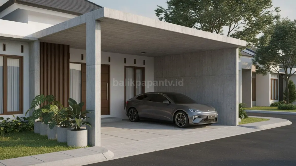 Beton ekspos menghadirkan carport bergaya modern yang kokoh dan mudah dirawat. (BTV/Ai)
