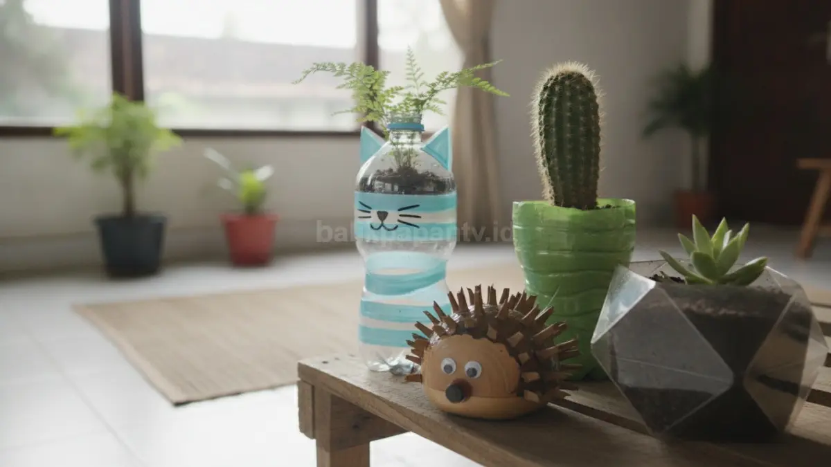 Botol plastik bekas disulap menjadi pot tanaman kreatif, ringan, ramah lingkungan, mempercantik dekorasi rumah modern. (BTV/Ai)
