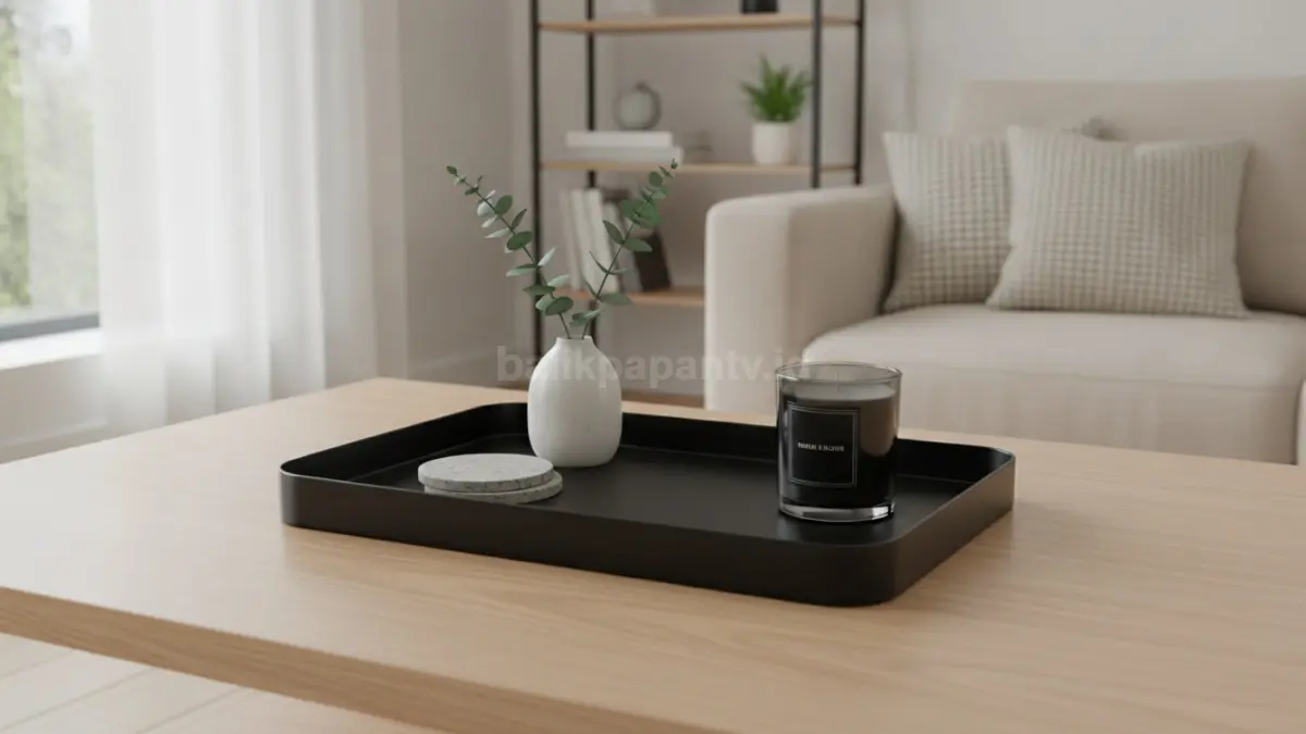 Decor tray hitam minimalis menghadirkan kontras tegas, modern, dan elegan pada meja terang.  (BTV/AI)