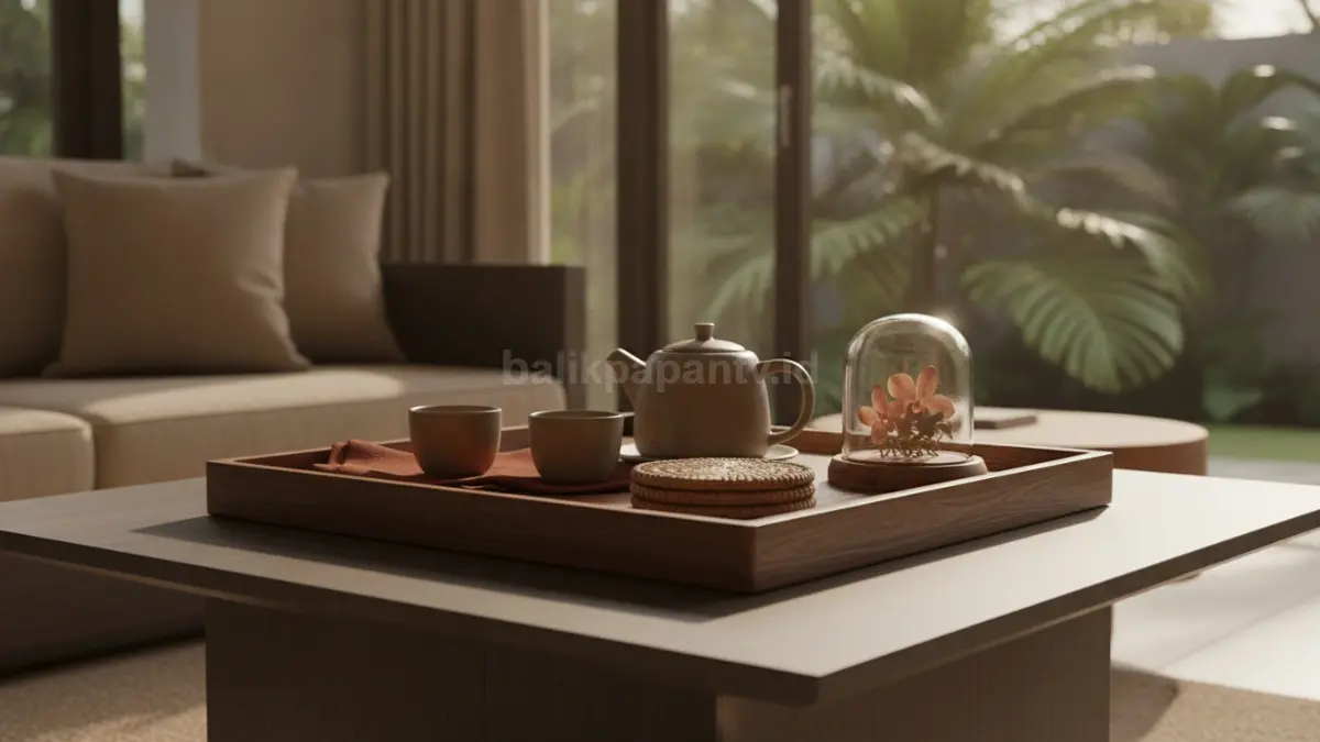 Decor tray kayu di meja kopi menghadirkan nuansa hangat, rapi, dan fungsional untuk ruang tamu.  (BTV/AI)