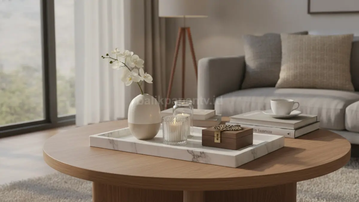 Decor tray marmer memperkuat kesan elegan, rapi, dan eksklusif pada ruang tamu modern.  (BTV/AI)