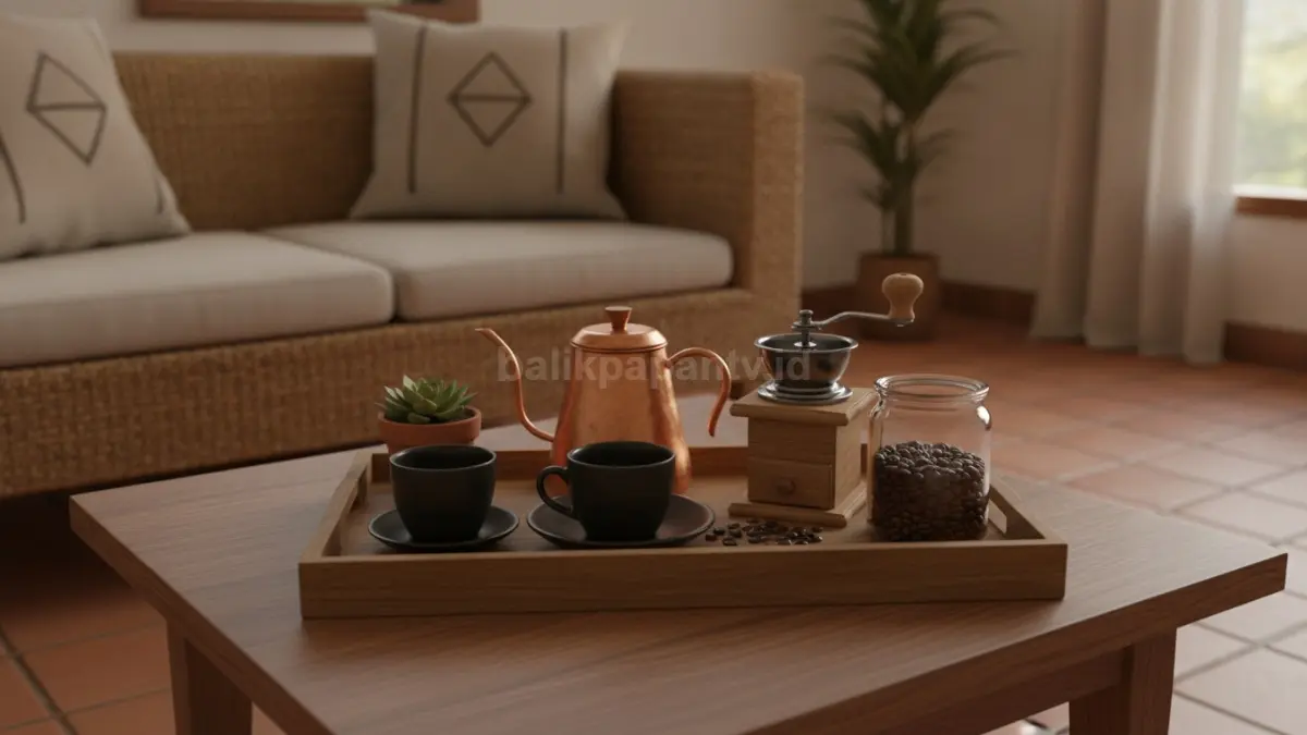 Decor tray merapikan sudut kopi rumahan, menyatukan perlengkapan seduh agar praktis dan menarik.  (BTV/AI)