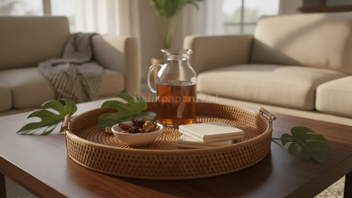 Decor tray rotan menghadirkan nuansa alami, hangat, dan nyaman untuk mempercantik sudut ruangan.  (BTV/AI)