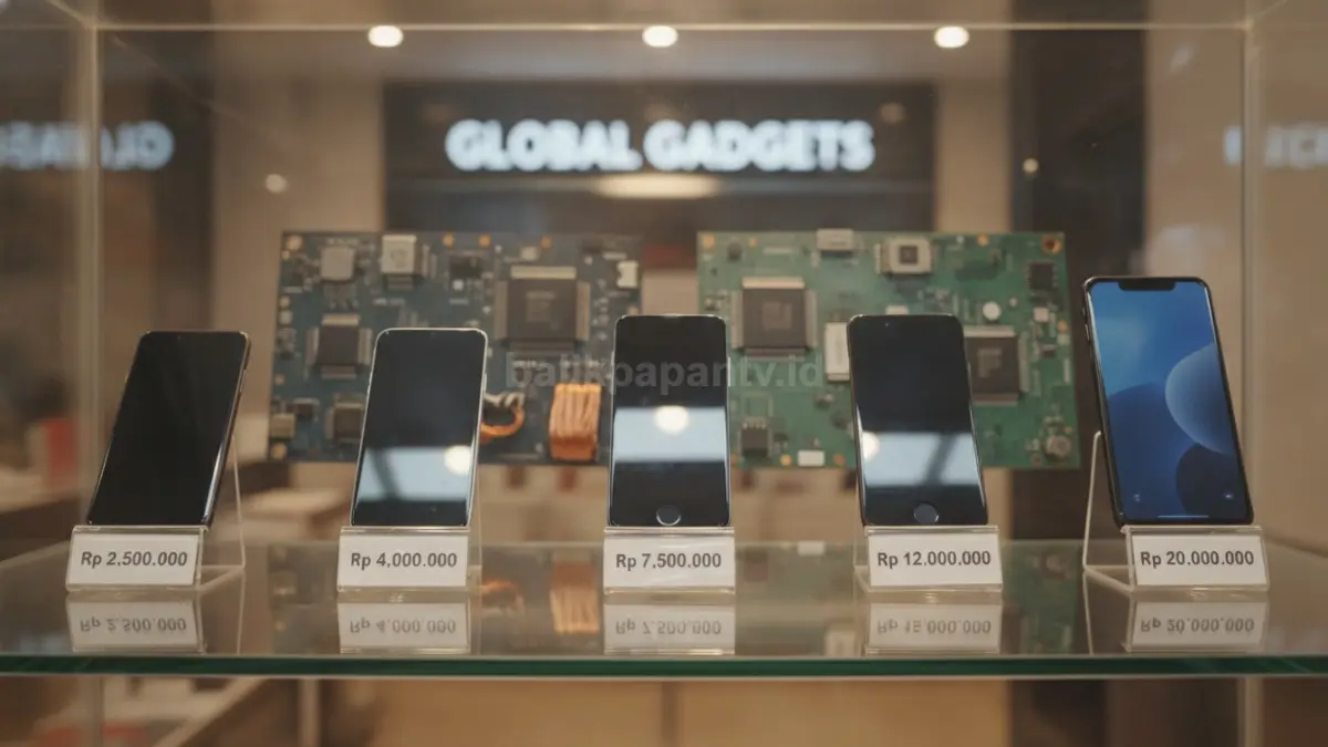 Deretan smartphone di etalase toko dengan label harga yang terus meningkat akibat kenaikan harga komponen global. (BTV/Ai)