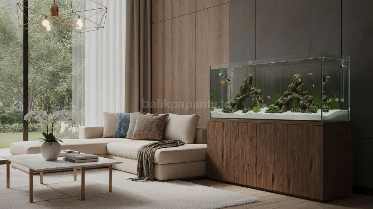 Desain aquarium minimalis menyatu dengan ruang tamu modern bernuansa hangat, menghadirkan kesan elegan tanpa berlebihan. (BTV/Ai)