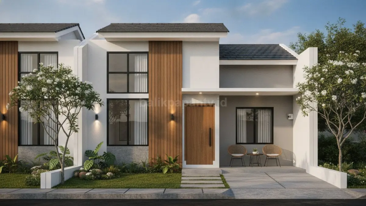 Desain rumah type 45 modern dengan fasad minimalis dan taman kecil, inspirasi hunian nyaman keluarga muda (BTV/Ai)