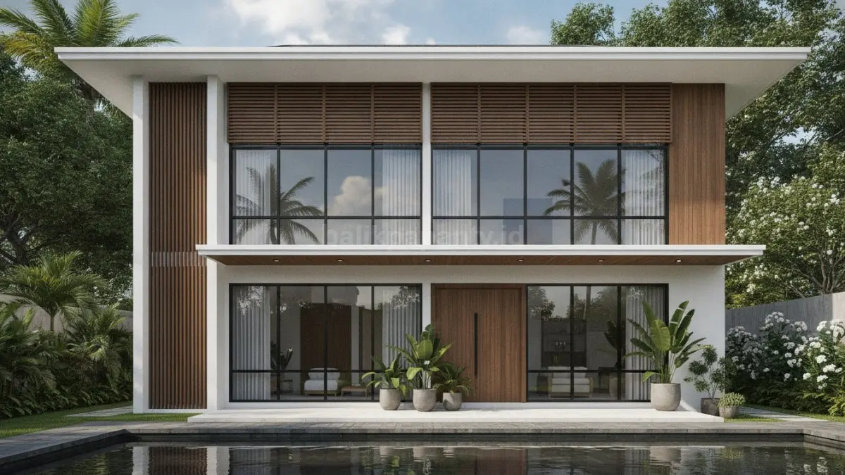 Fasad rumah Tropical Modern dengan ventilasi silang dan bukaan jendela besar.
