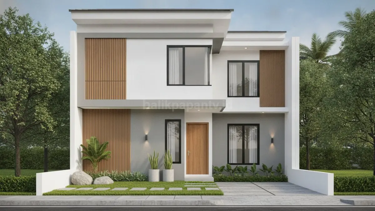 Fasad rumah type 45 bergaya minimalis modern berwarna netral dengan aksen kayu tampil bersih, mudah dirawat (BTV/Ai)
