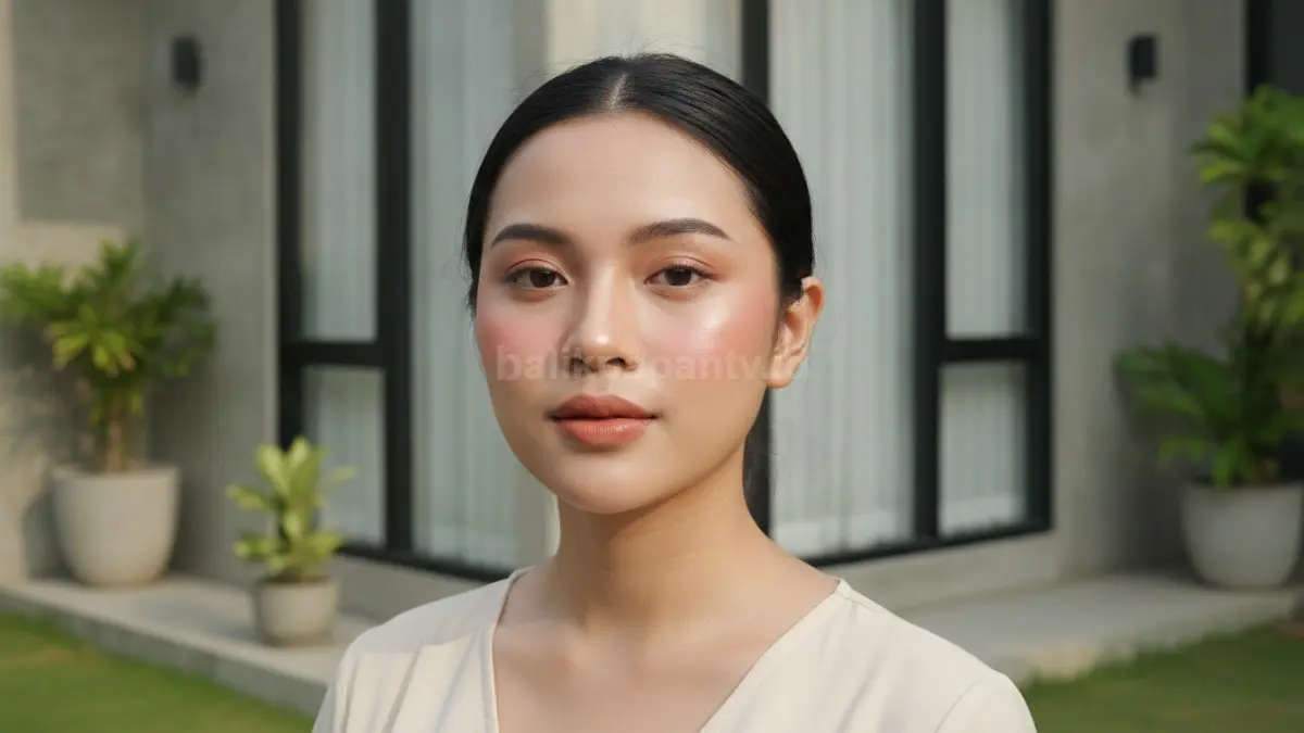 Hasil akhir makeup natural dengan blush lembut dan lip product warna natural.
