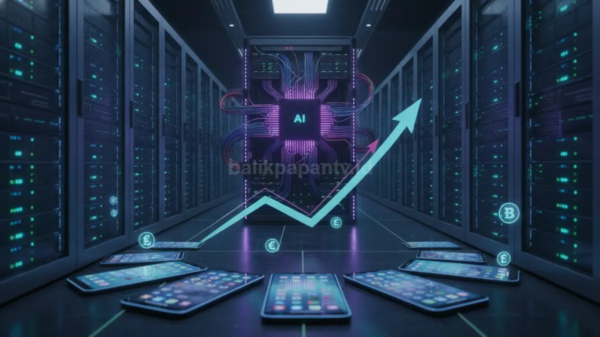 Ilustrasi pusat data AI yang meningkatkan permintaan RAM dan storage sehingga memengaruhi harga smartphone. (BTV/Ai)