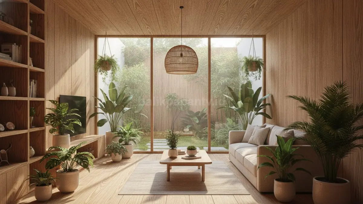 Interior rumah Biophilic Design yang memadukan tanaman, cahaya alami, dan material kayu.
