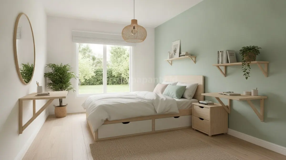 Kamar tidur minimalis aesthetic berukuran sempit dengan furnitur multifungsi, warna terang, dan pencahayaan alami yang membuat ruangan terasa lebih luas (BTV/Ai)