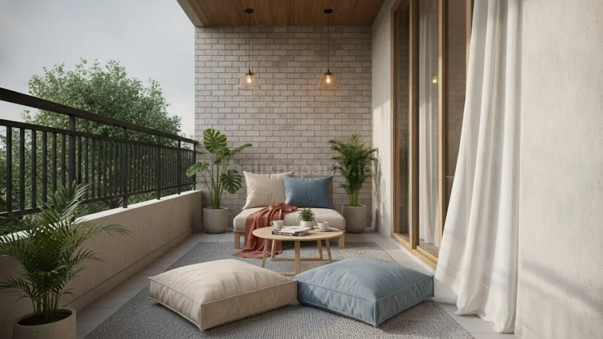 Karpet outdoor, bantal kursi, dan tekstil bernuansa hangat membuat balkon terasa nyaman sekaligus estetik. (BTV/AI)
