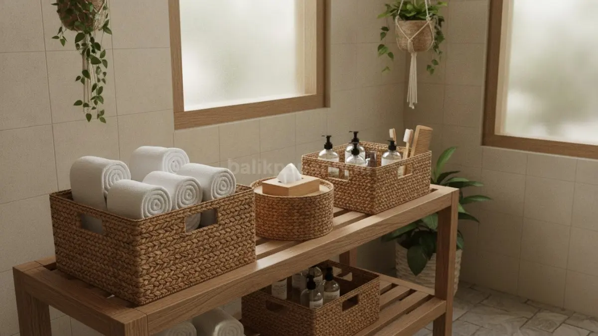 Keranjang anyaman menyimpan handuk, tisu, dan perlengkapan mandi agar kamar mandi rapi serta nyaman.  (BTV/AI)