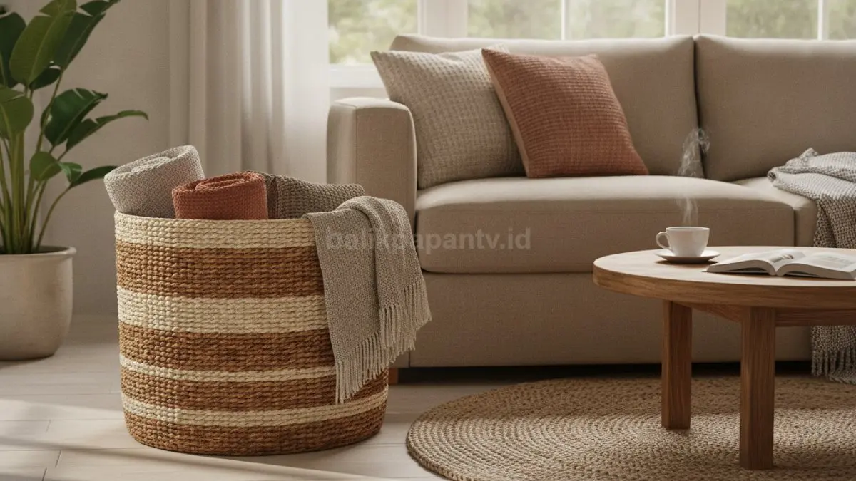 Keranjang anyaman menyimpan selimut dan bantal rapi, menghadirkan ruang tamu hangat serta nyaman.  (BTV/AI)
