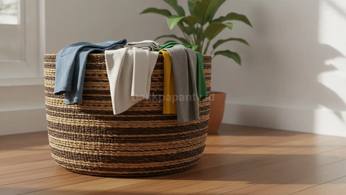 Keranjang laundry anyaman menjaga pakaian kotor tetap terorganisir, rapi, dan enak dipandang ruangan.  (BTV/AI)