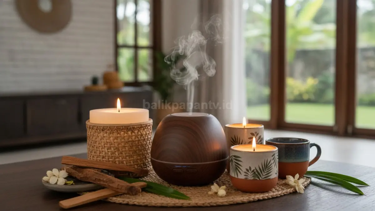 Kombinasi diffuser dan lilin dekoratif menghadirkan aroma konsisten, cahaya hangat, serta suasana ruangan menenangkan.  (BTV/AI)